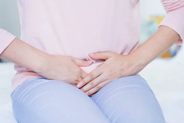 Gynecology Concept Hands Young Woman Stomach Suffer Menstruation Cramp Indigestion — Stock Photo, Image