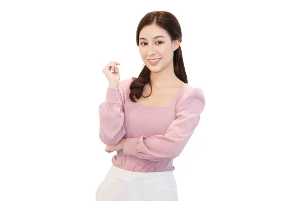 Intelligente Donna Asiatica Sorridente Camicia Rosa Casual Lei Piedi Sensazione — Foto Stock