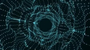 Soyut yıldızlar arası tünel ya da portal oluşturuluyor. Sonsuzluk illüzyonuyla dolu bir arka plan, bir sürü nokta ve çizgi. Ağlı üç boyutlu bir solucan deliği. 3B görüntüleme.