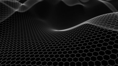 Parlak bağlantılı hatlar ağı. Siyah arka planda dalga. Soyut dijital arkaplan. 3B görüntüleme.