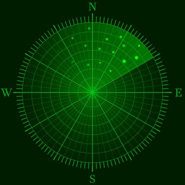 Green radar. Marine or military radiolocating display. Navy sonar. Detection screen. Futuristic HUD interface. Navigation interface. Vector illustration. clipart