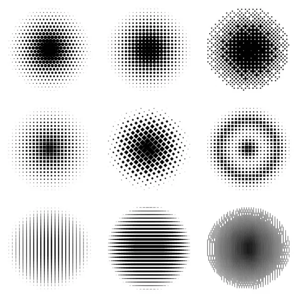 Conjunto Halfones Simples Negro Gradiente Círculos Puntos Líneas Cuadrados Ilustración — Archivo Imágenes Vectoriales