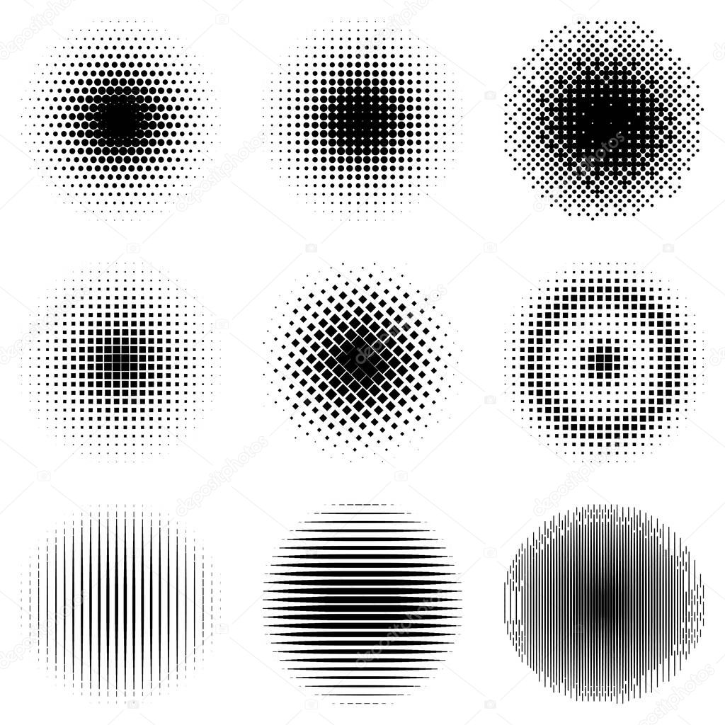 Set of simple halftones. Black gradient circles of dots, lines and squares. Vector illustration.