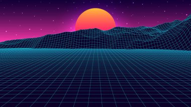 Vektör kablo 3D manzara. Teknoloji şebekesi çizimi.