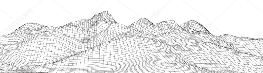 Vector wireframe 3d landscape. Technology grid illustration.