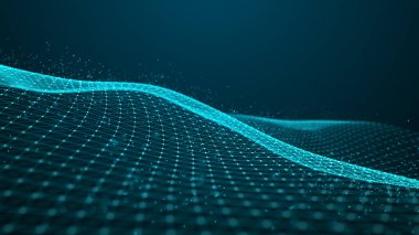 Parlak noktalar ve çizgiler ağı. Siyah arkaplandaki eğimli noktalar dalgası. Soyut dijital arkaplan. 3B görüntüleme.