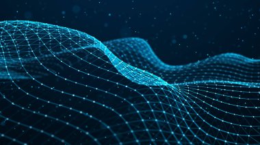 Parlak noktalar ve çizgiler ağı. Siyah arkaplandaki eğimli noktalar dalgası. Soyut dijital arkaplan. 3B görüntüleme.