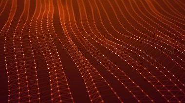 Parlak noktalar ve çizgiler ağı. Siyah arkaplandaki eğimli noktalar dalgası. Soyut dijital arkaplan. 3B görüntüleme.