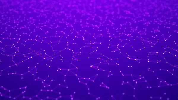 Network of bright connected dots and lines. Wave of gradient dots on black background. Abstract digital background. 3D rendering.