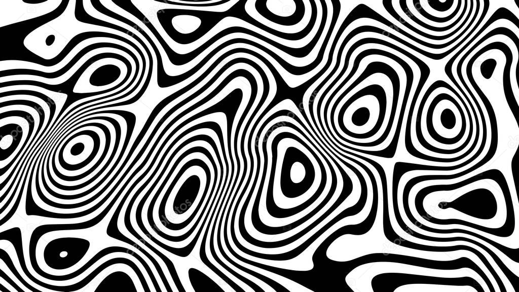 Abstract wave of white and black curved lines. Hallucination. Optical illusion. Twisted illustration. Futuristic background of lines. Dynamic wave. Vector illustration.