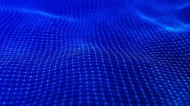 Parlak noktalar ve çizgiler ağı. Siyah arkaplandaki eğimli noktalar dalgası. Soyut dijital arkaplan. 3B görüntüleme.