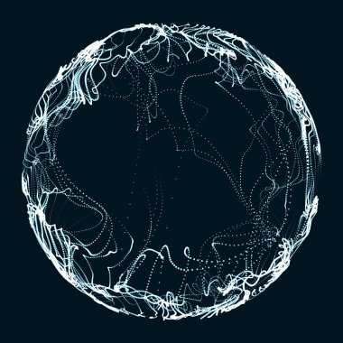 Çoklu noktaların geleceksel küresi. Soyut solucan deliği. Uzay tarzında illüstrasyon. 3B görüntüleme.