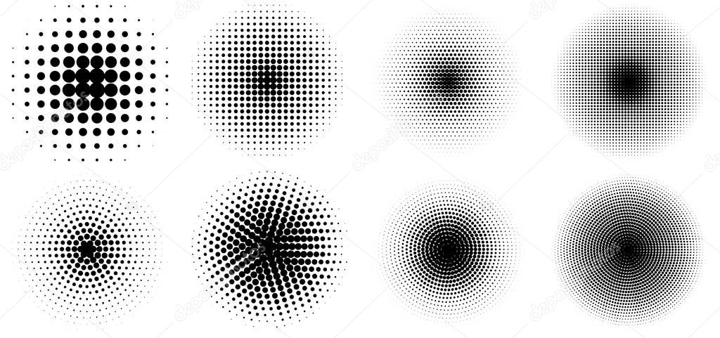 Set of simple halftones. Black gradient circles of dots. Vector illustration.