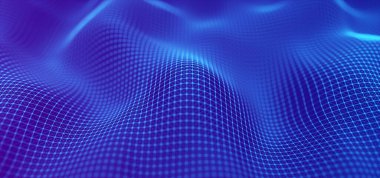 Parlak noktalar ve çizgiler ağı. Siyah arkaplandaki eğimli noktalar dalgası. Soyut dijital arkaplan. 3B görüntüleme.