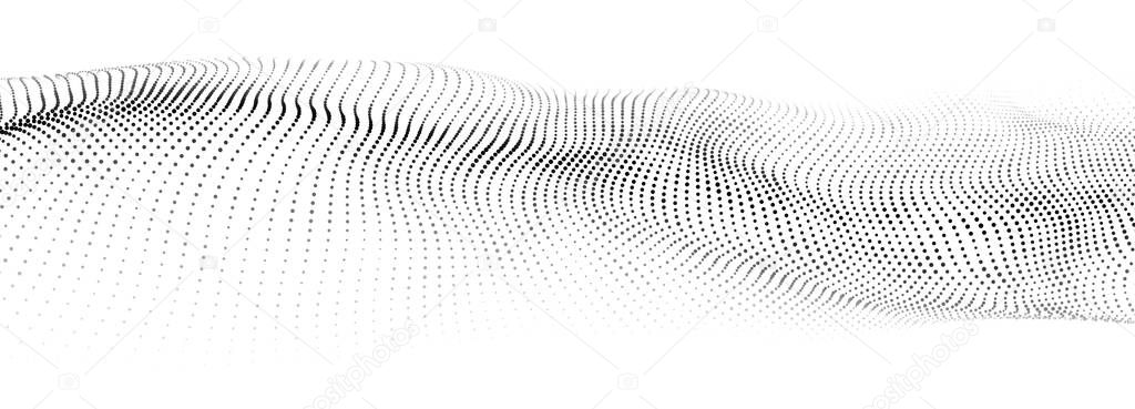 Abstract dynamic wave of particles. Network of bright points or dots. Big data. Digital background.