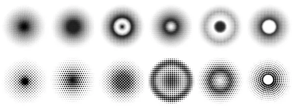 Ensemble de demi-tons simples. Cercles de points en dégradé noir. Dotwork. Illustration vectorielle. — Image vectorielle