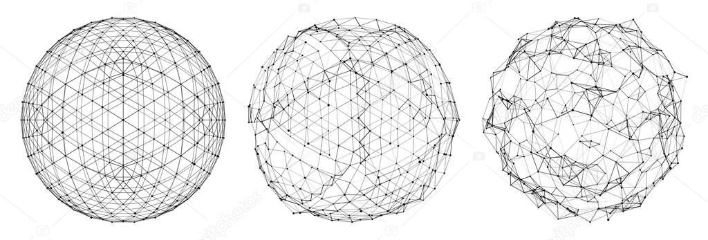 Set of abstract spheres of multiple points and lines. Disintegration of the sphere. Globe or ball. Digital technology. Illustration in space style. Futuristic vector illustration.