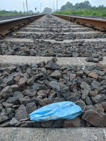 Used Mask Laying Old Railway Tracks — Stock Photo, Image