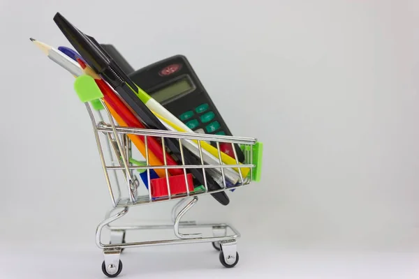 School Market Purchase Supermarket School Supplies Concept Shopping Basket Pencils — Stock Photo, Image