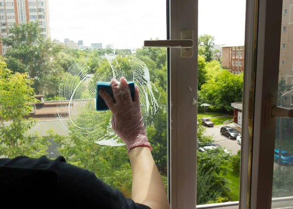 Pencereyi Temizleyen Sünger Lastik Eldiven Kullanan Bir Kadın Kız Evi Telifsiz Stok Fotoğraflar