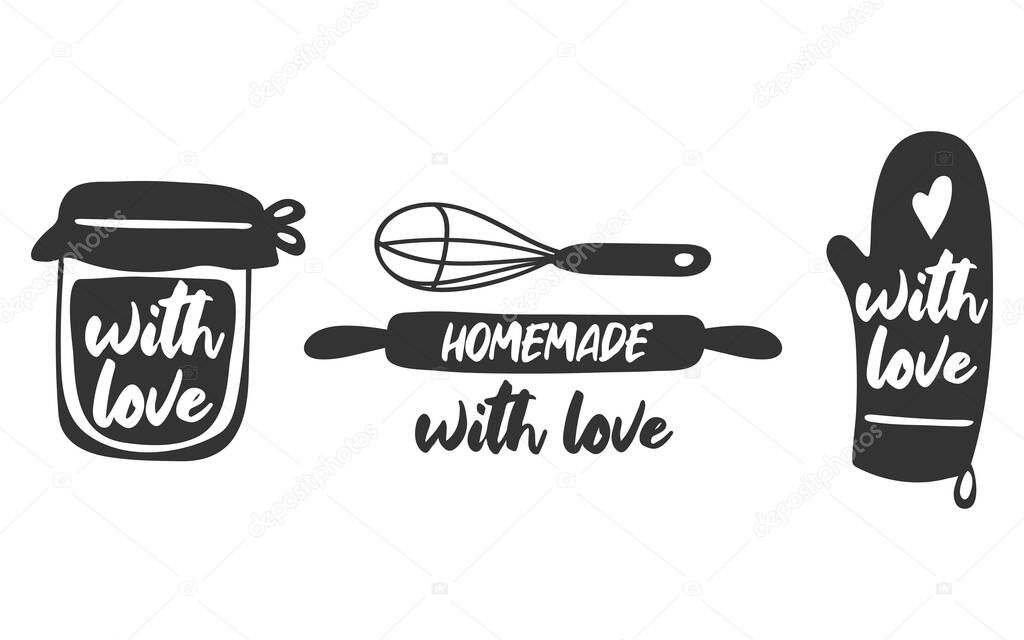 Set of hand drawn simple kitchen phrases - homemade,with love, home cooking, cooked with love. Badges, labels and logo elements, retro symbols for bakery shop, cooking club, cafe, or home cooking