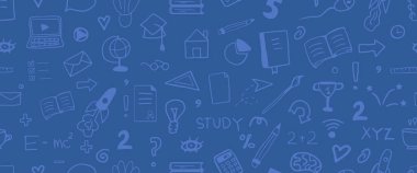 Eğitim sembolleriyle çizilmiş el yazısı. Vektör çevrimiçi web pankartı. Online eğitim karalaması. Satır mavi renklerle kutsansın.