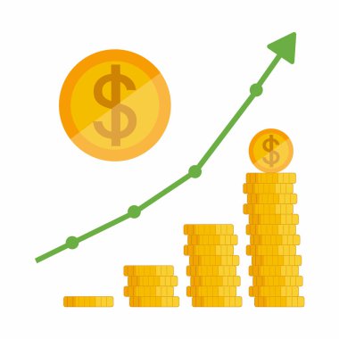 Para yığınları ile büyüme grafiği. Sikke simgesi düz vektörde. Altın sikkeler sembolü. İş başarısı, ekonomik veya piyasa büyümesi, yatırım geliri, sermaye kazancı, fayda kavramı.