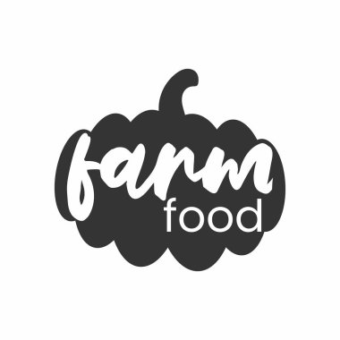 Çiftlik yiyecekleri logosu. Balkabağı pulu. Monokrom tarzında tipografik eko çiftlik amblemi. Metin vektör illüstrasyonu ile simbol.