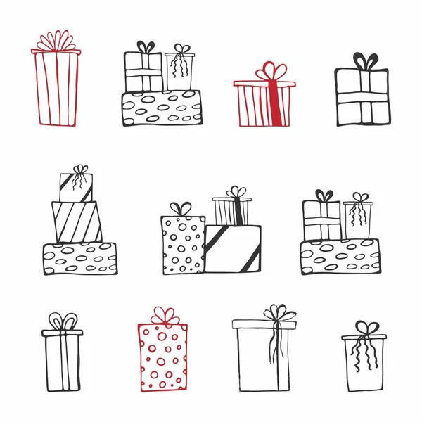 Ajándékdoboz Kézzel Rajzolt Egyszerű Minimalista Születésnapi Vagy Karácsonyi Ajándék Készlet — Stock Vector