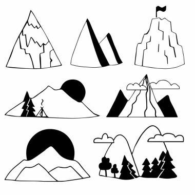 El çizimi çizimi dağları. Dağ tepesinin siyah siluetini karalıyor. Logo için doğal peyzaj senin tasarımını simgeliyor. Düz vektör çizimi beyaz arkaplanda izole edildi