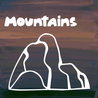 El çizimi çizimi dağları. Dağ tepesinin siyah siluetini karalıyor. Logo için doğal peyzaj senin tasarımını simgeliyor. Gouache arka planında izole edilmiş metin ile düz vektör illüstrasyonu