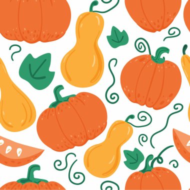 Balkabağı pürüzsüz desen. Turuncu pampkin beyaza izole edilmiş. Sonbahar sebze hasadı. Cadılar Bayramı ve Şükran Günü tasarımı için. Düz vektör karikatür arkaplanı
