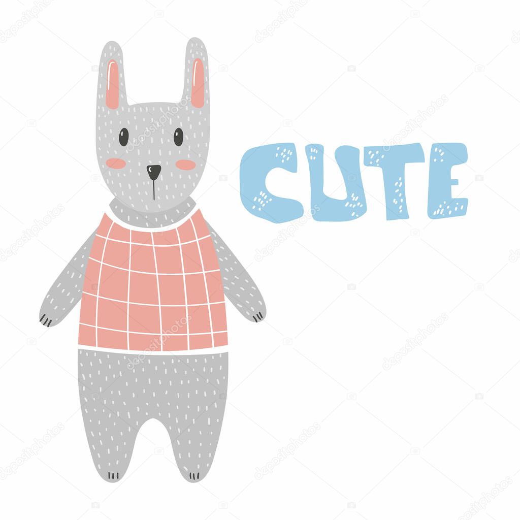 Cute bunny. Cartoon kid animal nursery or baby shower print, vector hand drawn character illustration