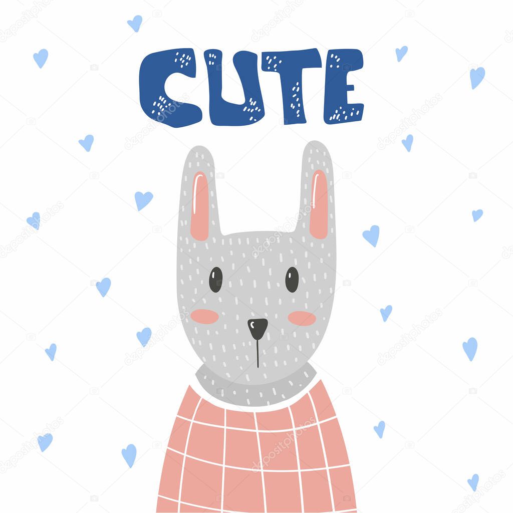 Cute bunny face. Cartoon kid animal nursery or baby shower print, vector hand drawn character illustration