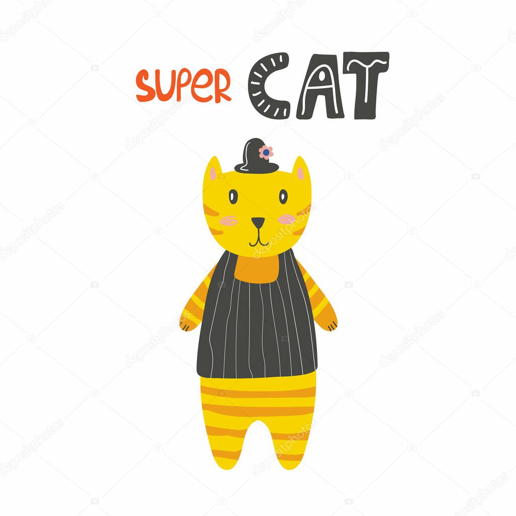 Super orange cat lettering. Cartoon kid animal nursery or baby shower print, vector hand drawn character illustration