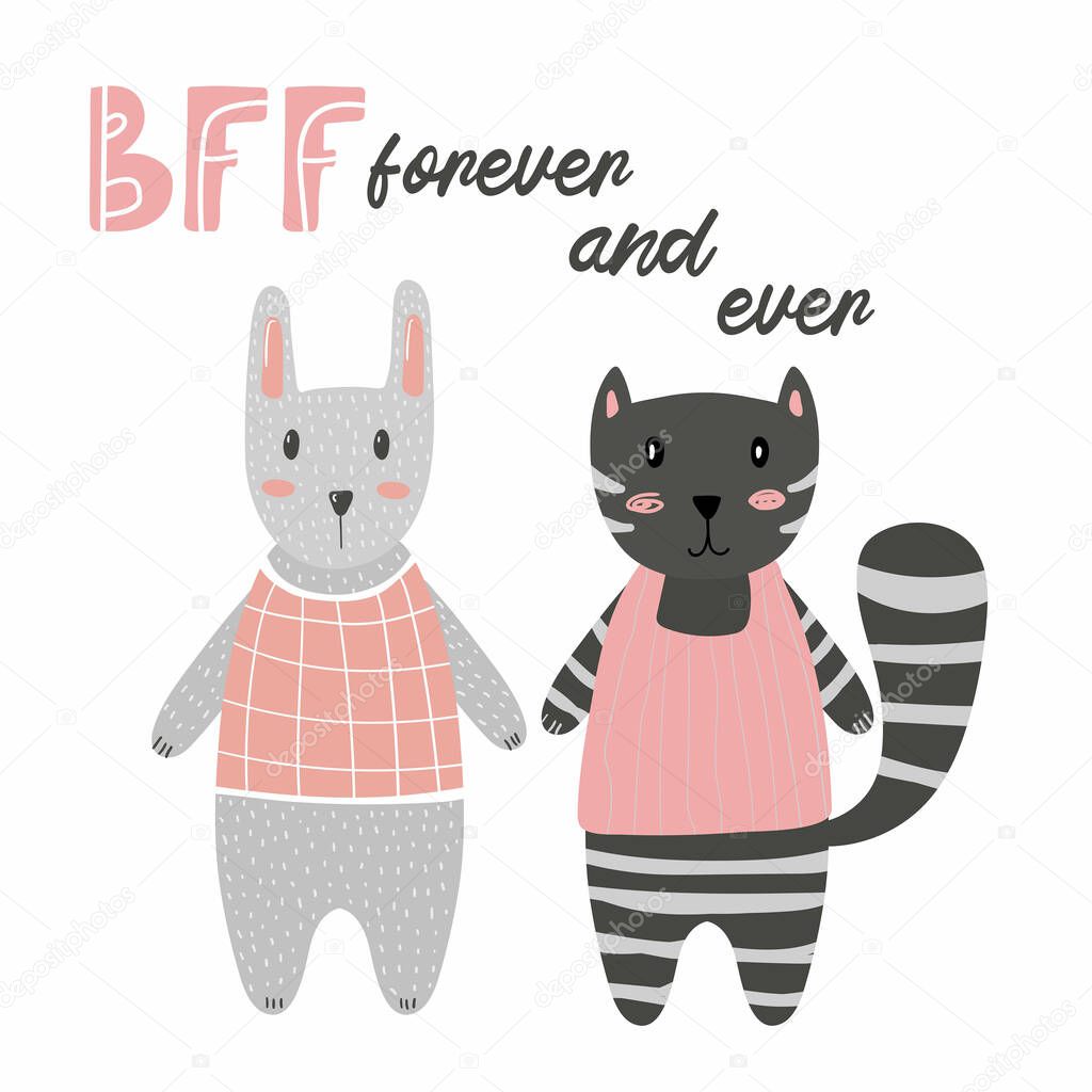 BBF forever and ever cat and bunny lettering. Cartoon kid animals nursery or baby shower print, vector hand drawn character illustration
