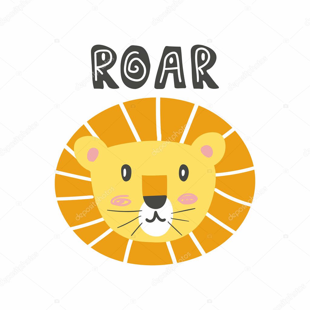 Roar leon face lettering. Cartoon kid leo animal nursery or baby shower print with heart, vector hand drawn character illustration