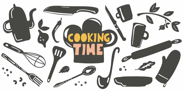 Kochzeit Schriftzug Mit Küchenutensilien Und Handgezeichnetem Poster Für Café Oder — Stockvektor