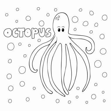 Ahtapot boyama kitabı. Çocuklar için küçük şirin sualtı karakteri, tişört izi ya da poster, el çizimi vektör çizimi