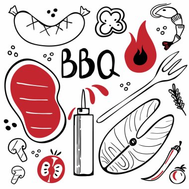 Karalama seti. Elle çizilmiş modern barbekü yemek koleksiyonu, et, sebze ve ızgara partisi için araçlar, restoran kafe menüleri, afiş veya poster tasarım unsurları için vektör izole resimleme
