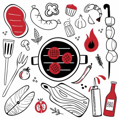 Karalama seti. Elle çizilmiş modern barbekü yemek koleksiyonu, et, sebze ve ızgara partisi için araçlar, restoran kafe menüleri, afiş veya poster tasarım unsurları için vektör izole resimleme