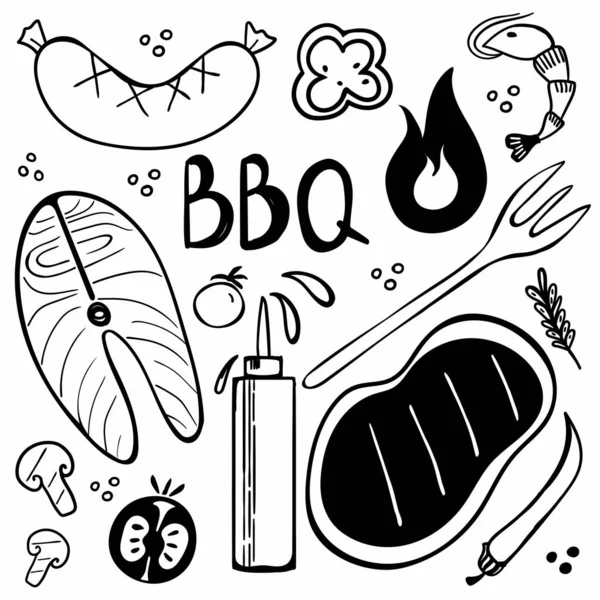 Bbq Doodle Set Handritad Modern Grill Matlagning Matsamling Kött Grönsaker — Stock vektor