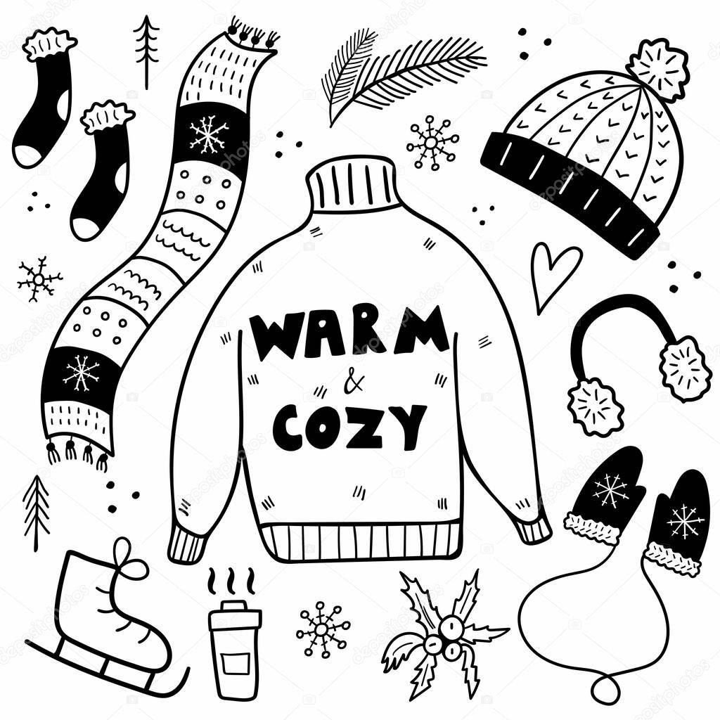 Winter clothes. Hat and scarf, sweater and mittens with snowflake and scandinavian design, headphones and xmas accessories doodle vector set