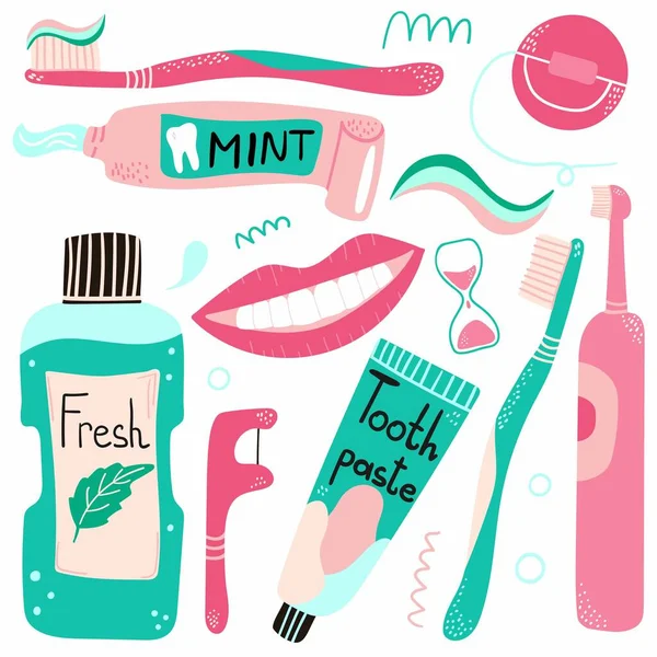 口のツールを掃除するドア 歯磨き粉付き歯ブラシ 手描きの朝の衛生口腔ケアの概念 ベクトル漫画分離セット — ストックベクタ