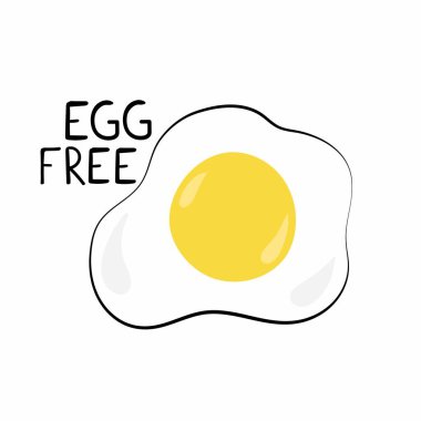 Yumurtasız etiket. Çırpılmış yumurta ve metin, diyet alerjisi ürünü, gıda amblemi, ekoloji ürünü promosyonu sağlıklı pazar, el yapımı çizgi film vektörü tek illüstrasyon logosu