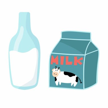 Bir kutu süt ve şişe. İnek ve mesajla şirin paketleme. Lezzetli çizimler için. Elle çizilmiş karikatür ürün vektör posteri