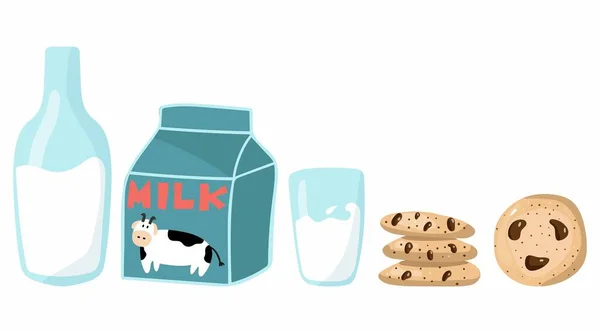 Set Leche Galletas Botella Vaso Cartón Leche Galletas Avena Americana — Vector de stock