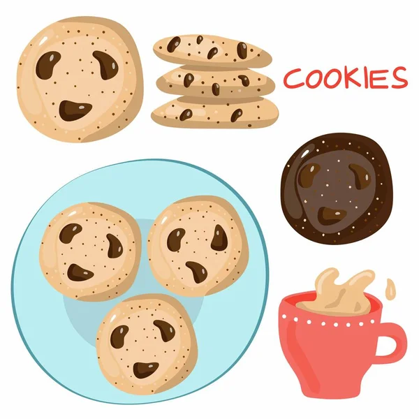 咖啡和饼干准备好了一杯茶加牛奶 美国燕麦饼干加巧克力 食物和饮料美味的例证 手绘涂鸦卡通病媒分离产品系列 — 图库矢量图片