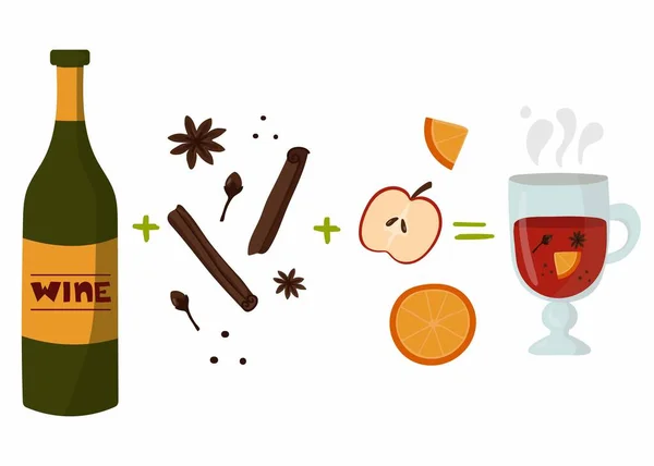 Sıcak Şarap Tarifi Bir Şişe Şarap Sıcak Şarap Baharatlar Portakal — Stok Vektör