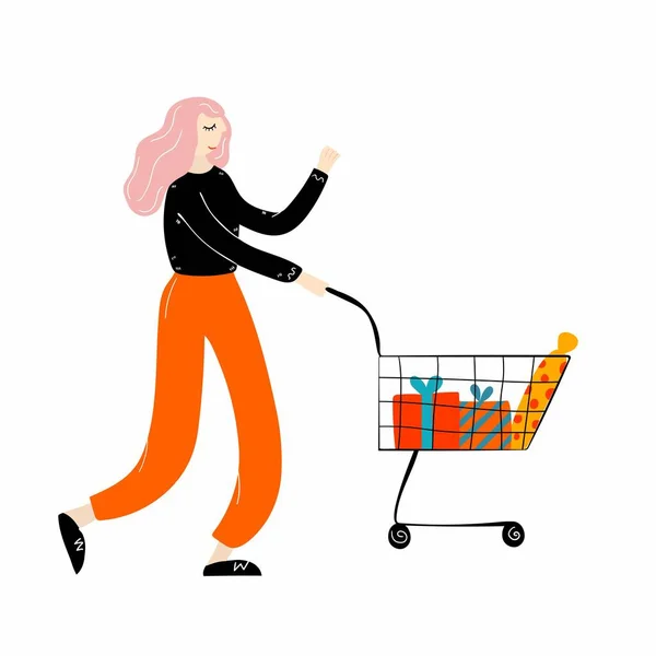 Compradora Con Carrito Compras Personaje Femenino Moderno Con Carro Lleno — Vector de stock